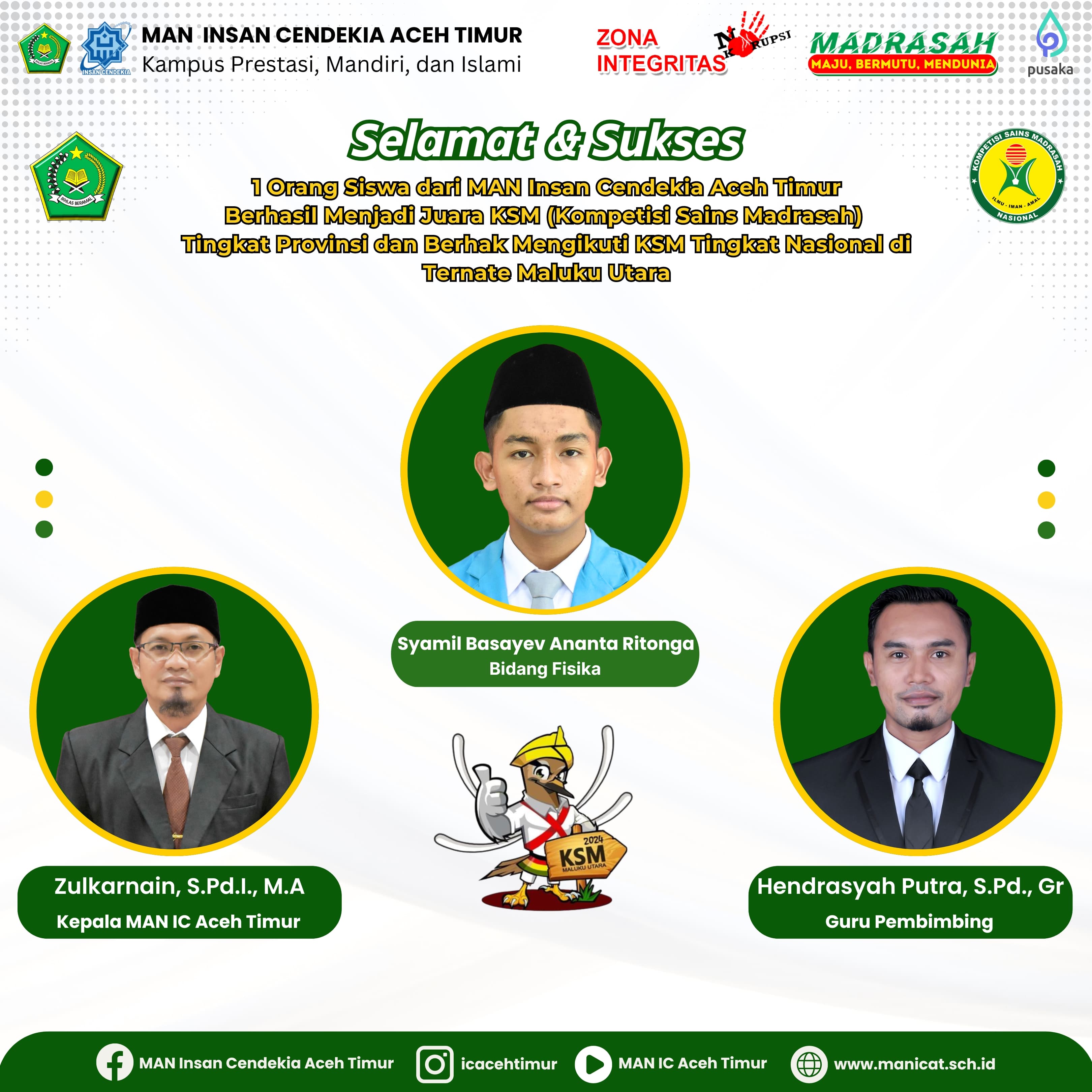 Kompetisi Sains Madrasah 2024: Syamil Basayev Ananta Ritonga Siswa MAN IC Aceh Timur Raih Juara 1 di bidang Fisika Tingkat Provinsi Aceh 