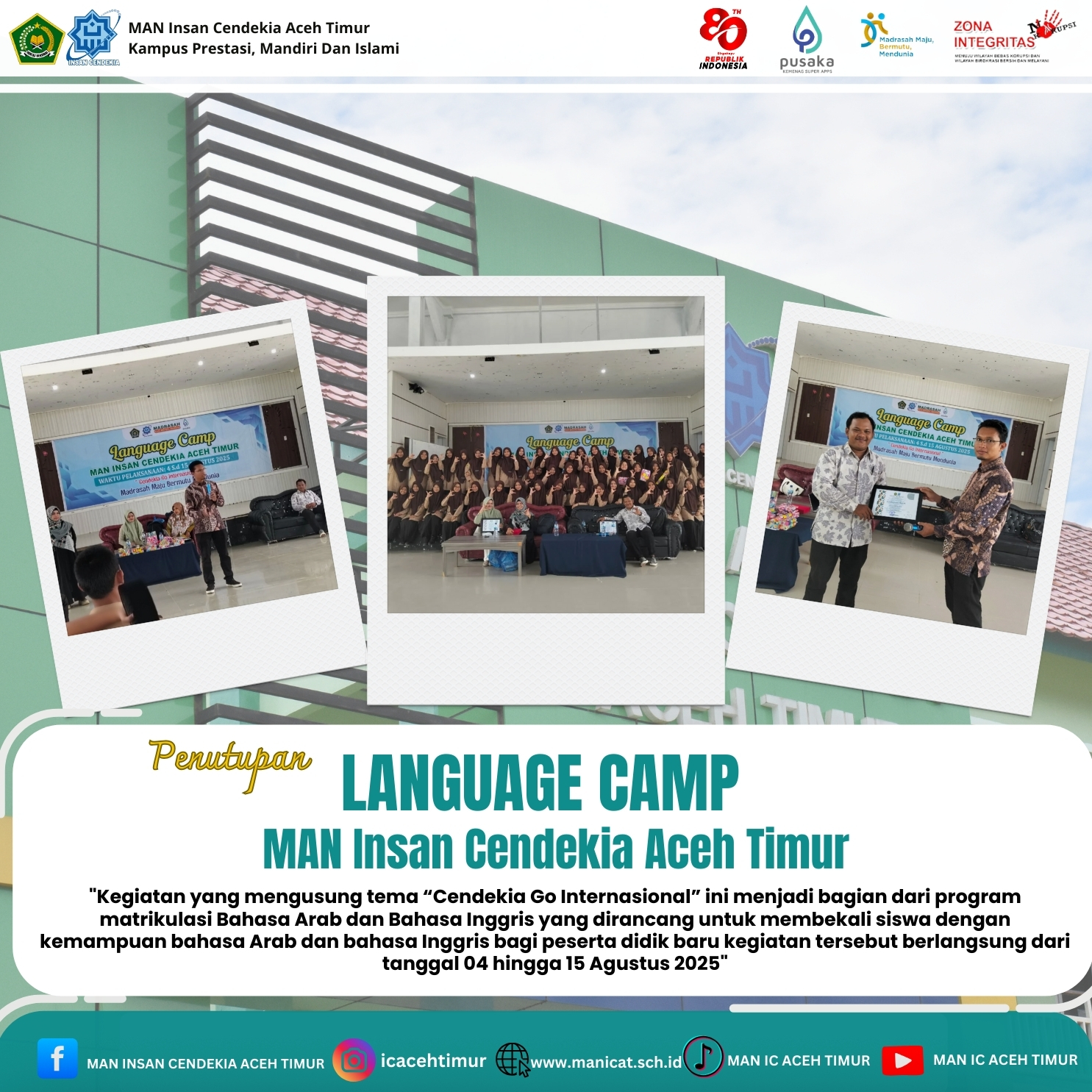 MAN Insan Cendekia Aceh Timur Resmi Tutup Language Camp 2025 Bertema “Cendekia Go Internasional”