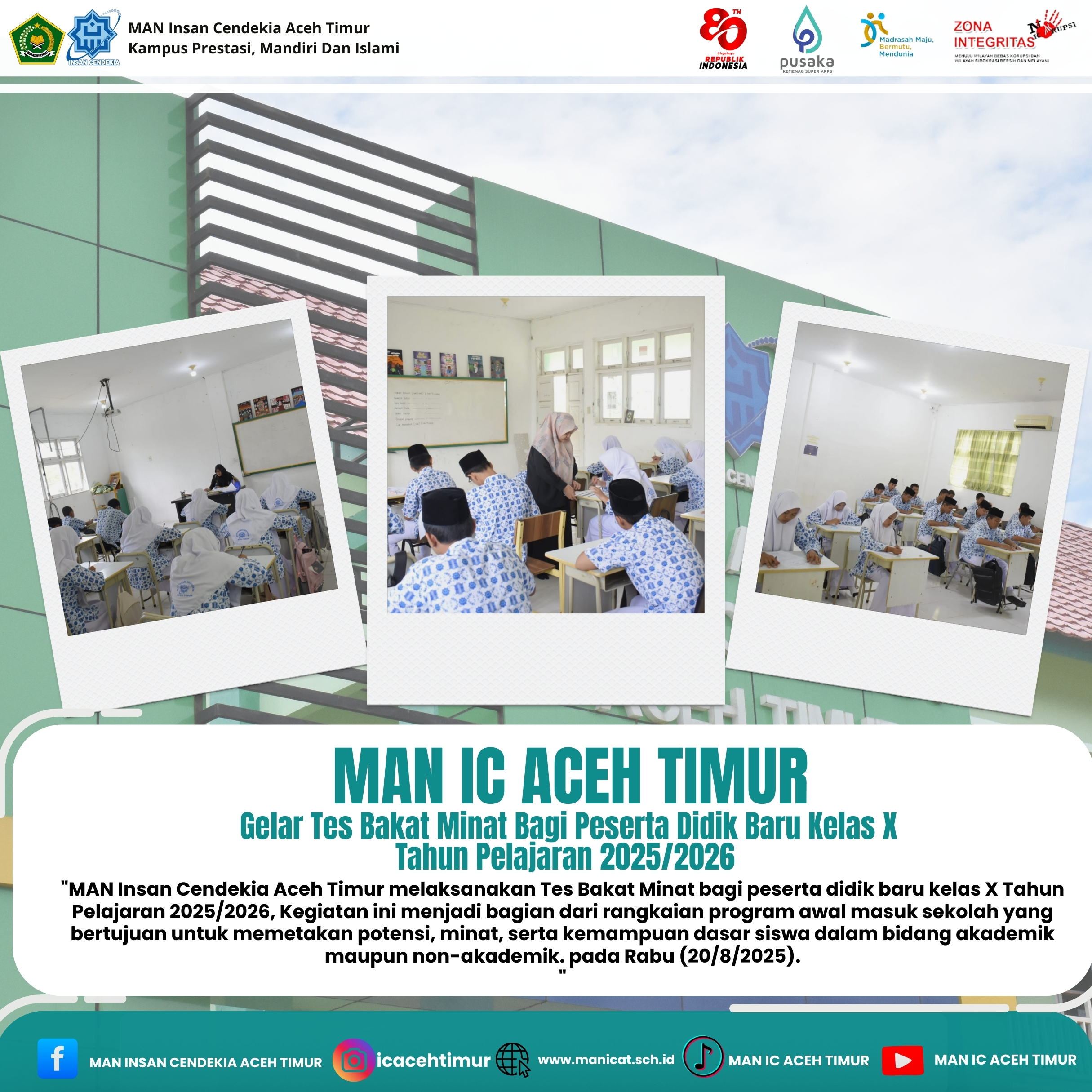 MAN IC Aceh Timur Gelar Tes Bakat Minat Bagi Peserta Didik Baru Kelas X Tahun Pelajaran 2025/2026